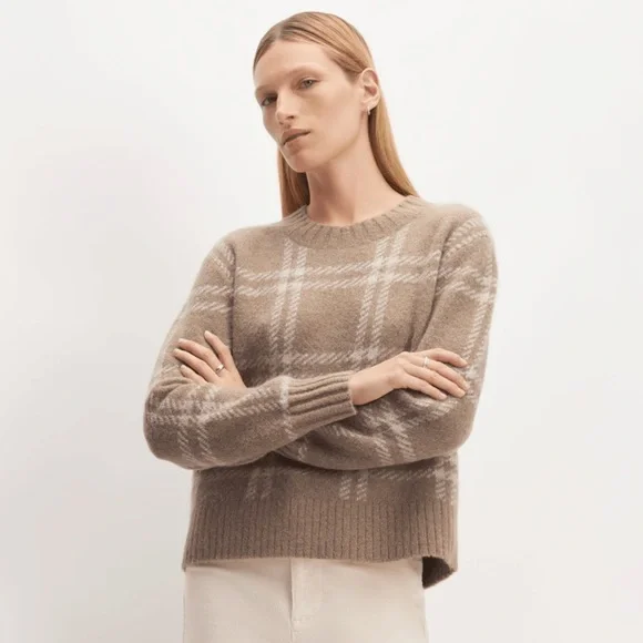 Everlane Beige Plaid Crewneck Sweater with White Windowpane - Picture 2 of 13